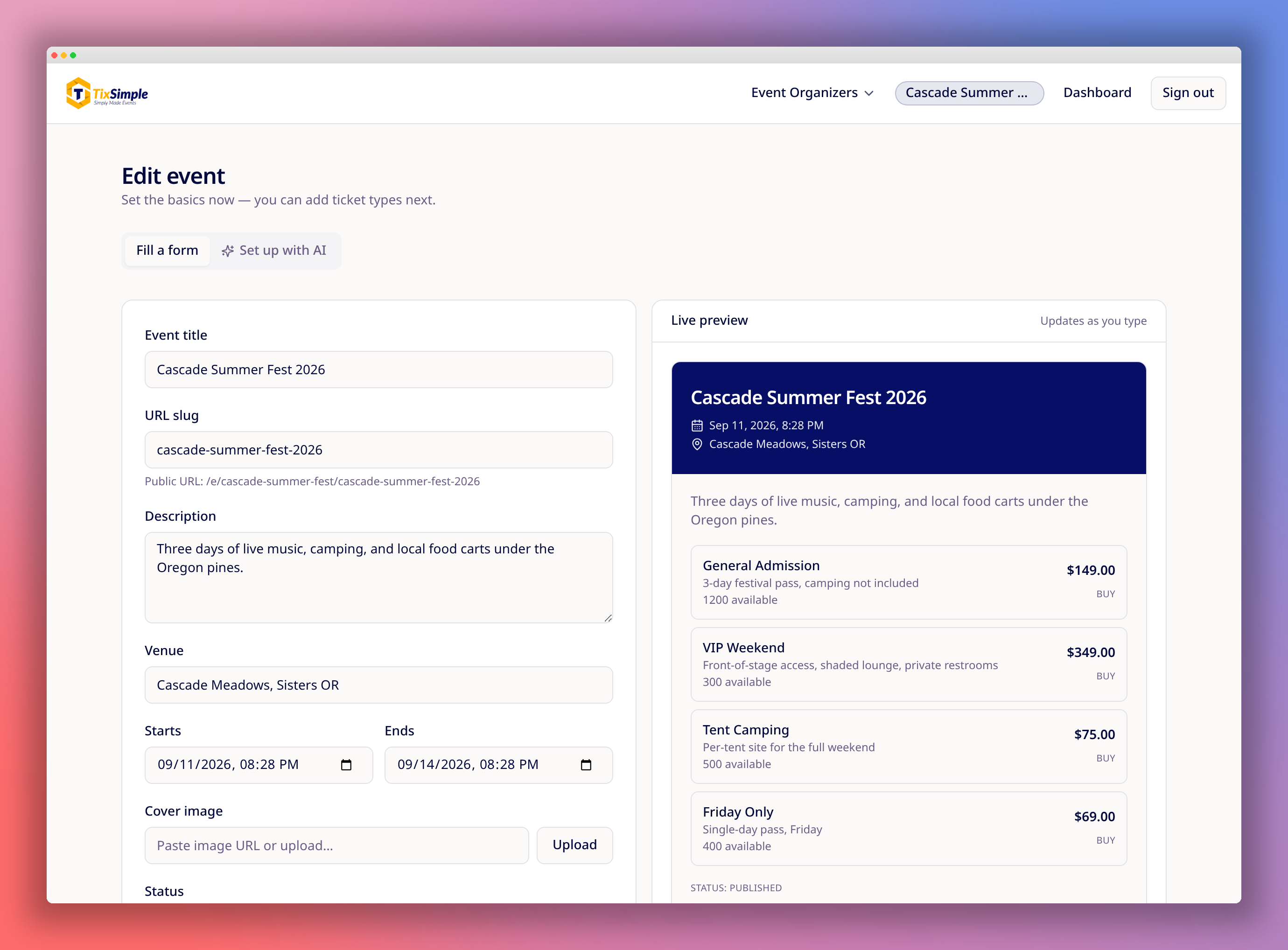 TixSimple event editor with a live preview of the public event page and ticket tiers