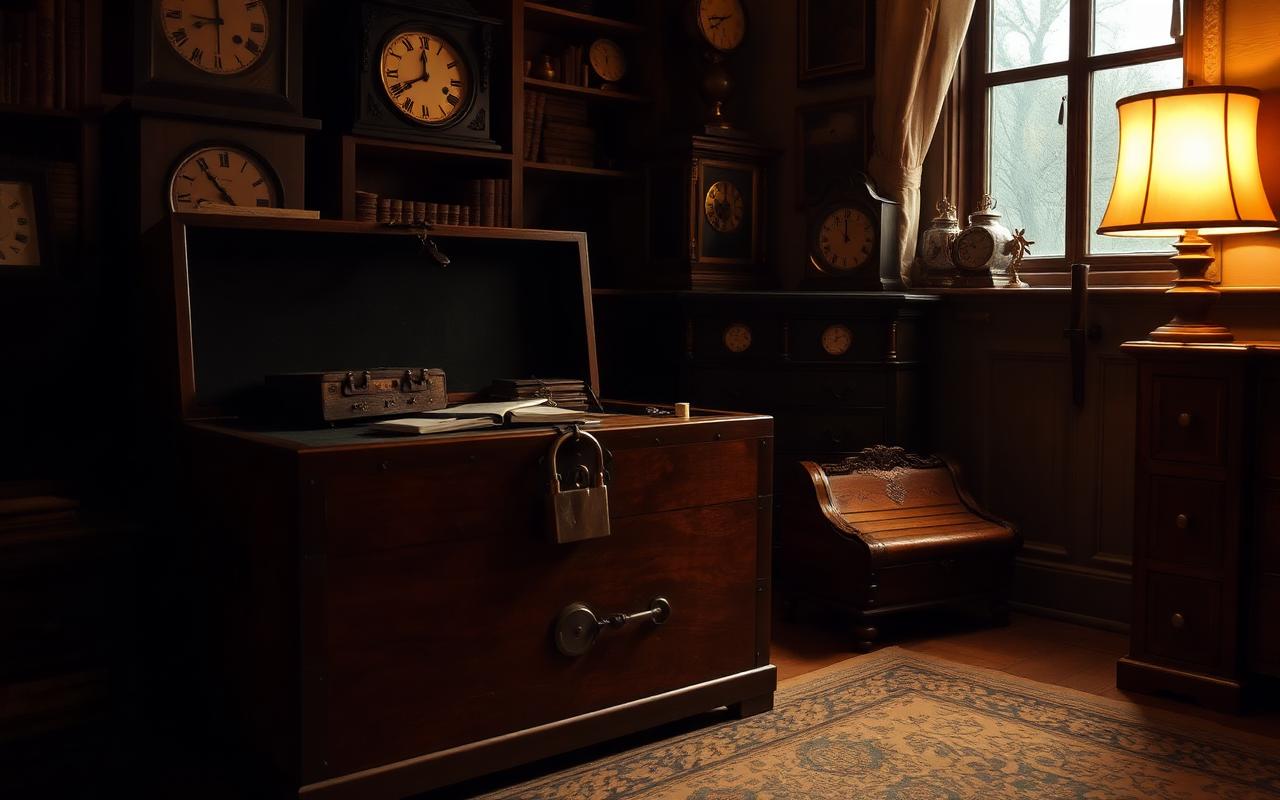 Escape room set with a padlocked chest and vintage clocks