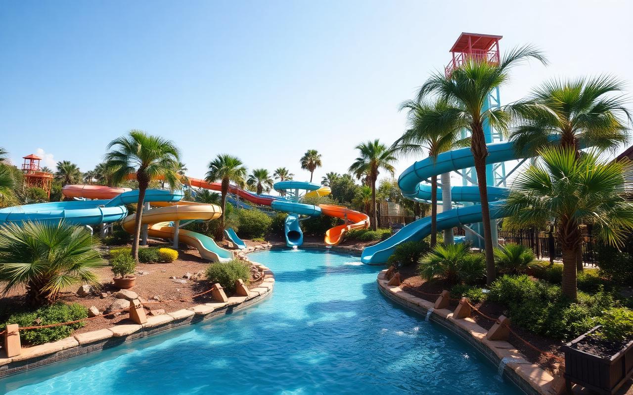 Water park slides and lazy river on a summer day