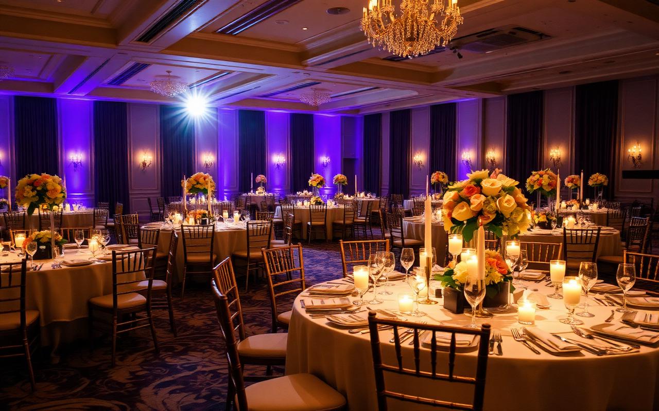 Gala ballroom set with round tables, candles, and floral centerpieces