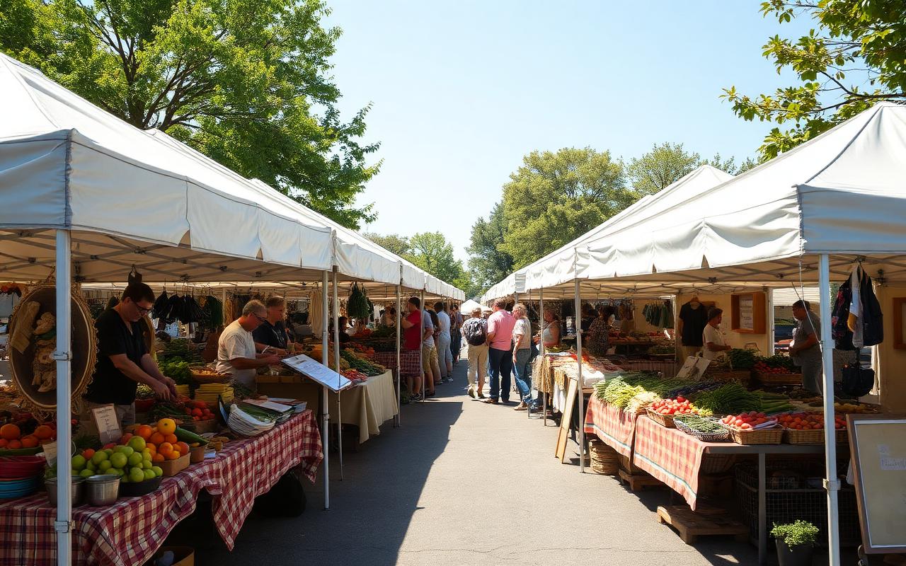Farmers market booths with produce and handmade goods