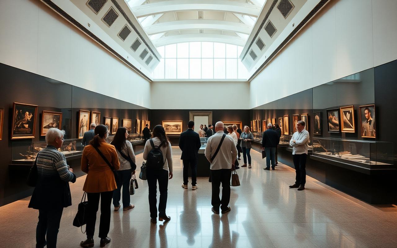 Museum gallery interior with visitors viewing exhibits in daylight