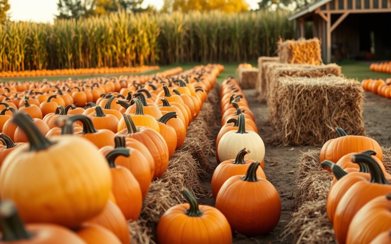 Autumn pumpkin patch with rows of pumpkins and hay bales