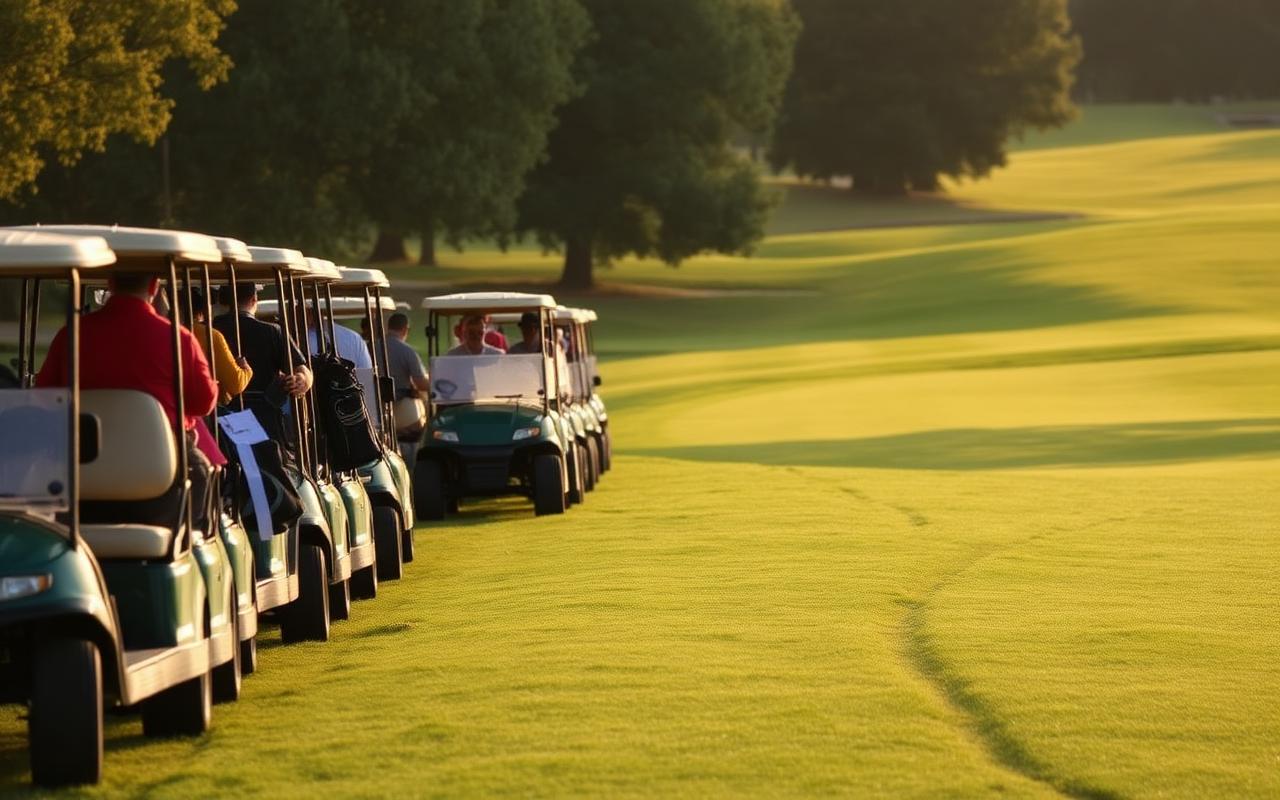 Golf carts lined up beside a fairway on a tournament morning