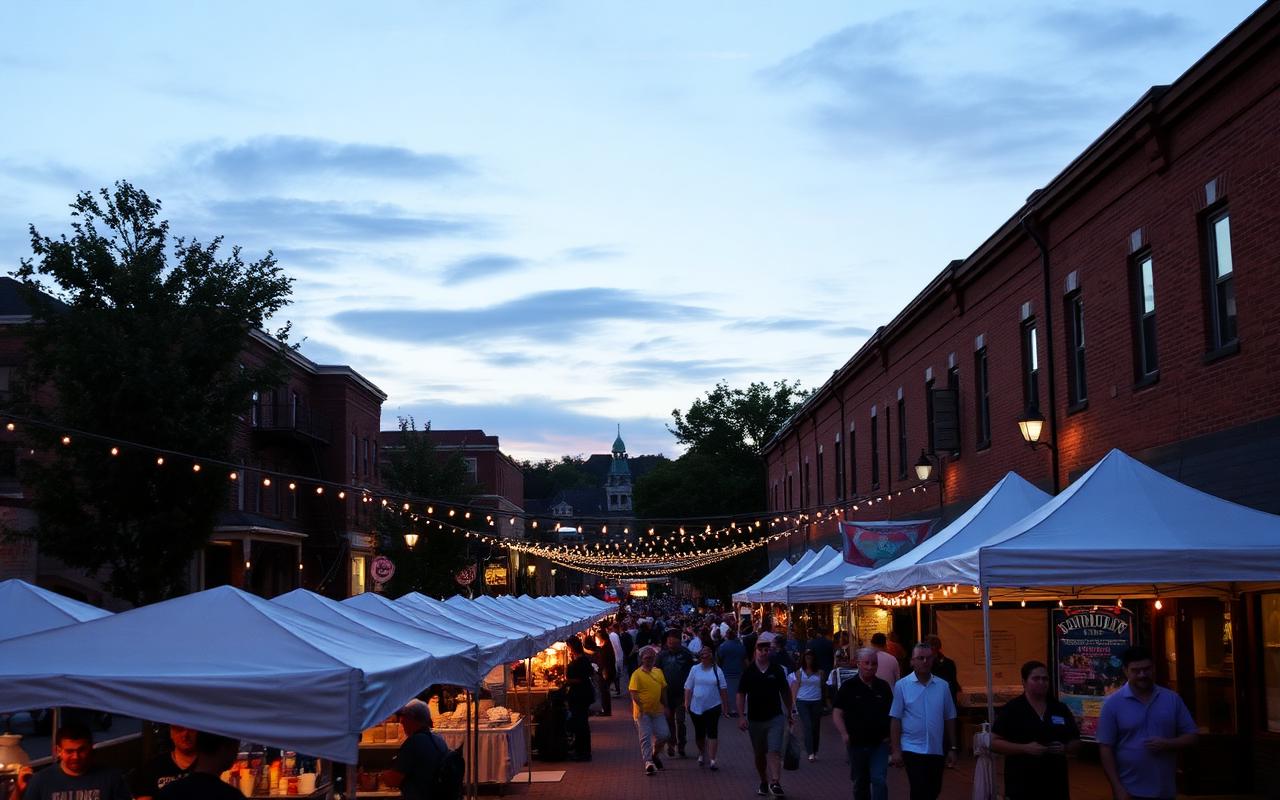 Main street community event with vendor canopies and string lights