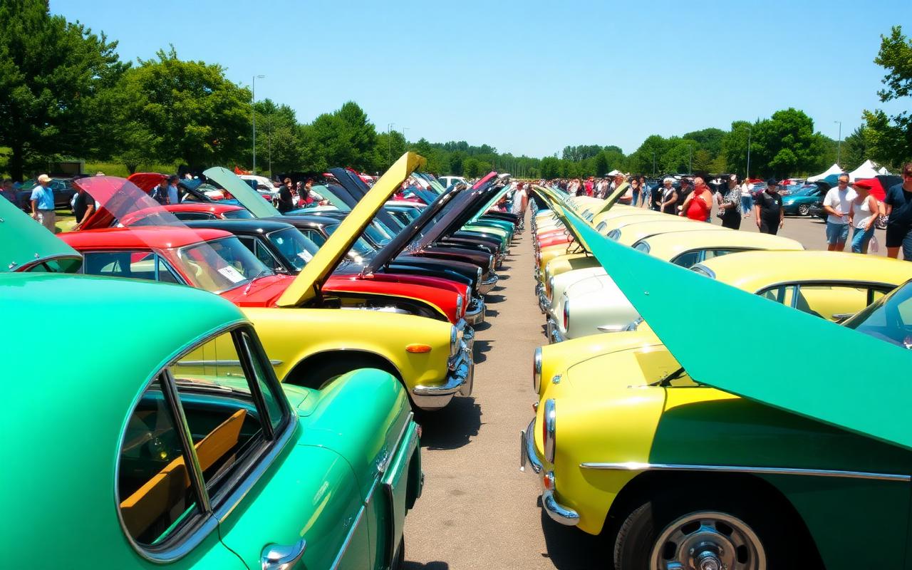 Rows of polished classic cars at an outdoor car show