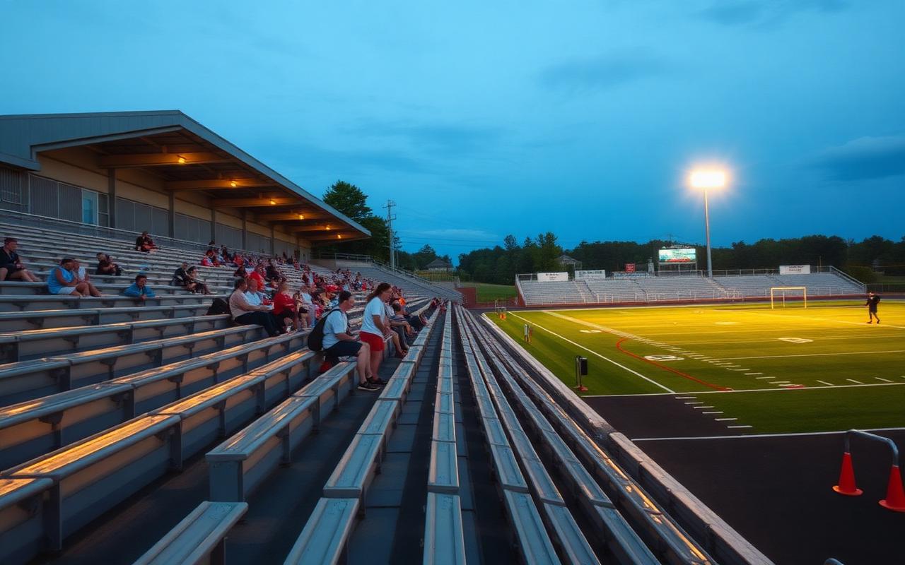 Community stadium bleachers filling up in the evening