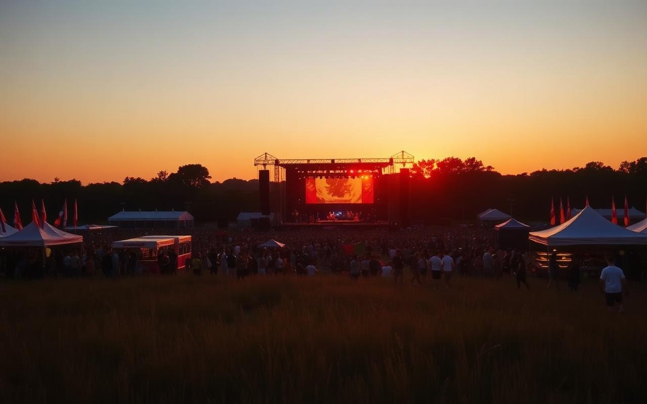Outdoor festival field at golden hour with vendor tents