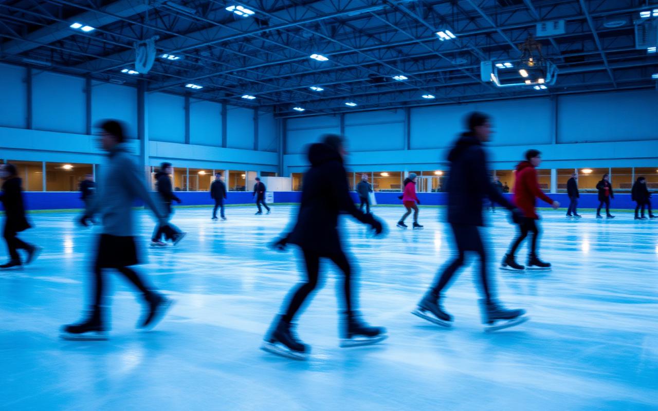 Indoor ice skating rink with skaters in motion