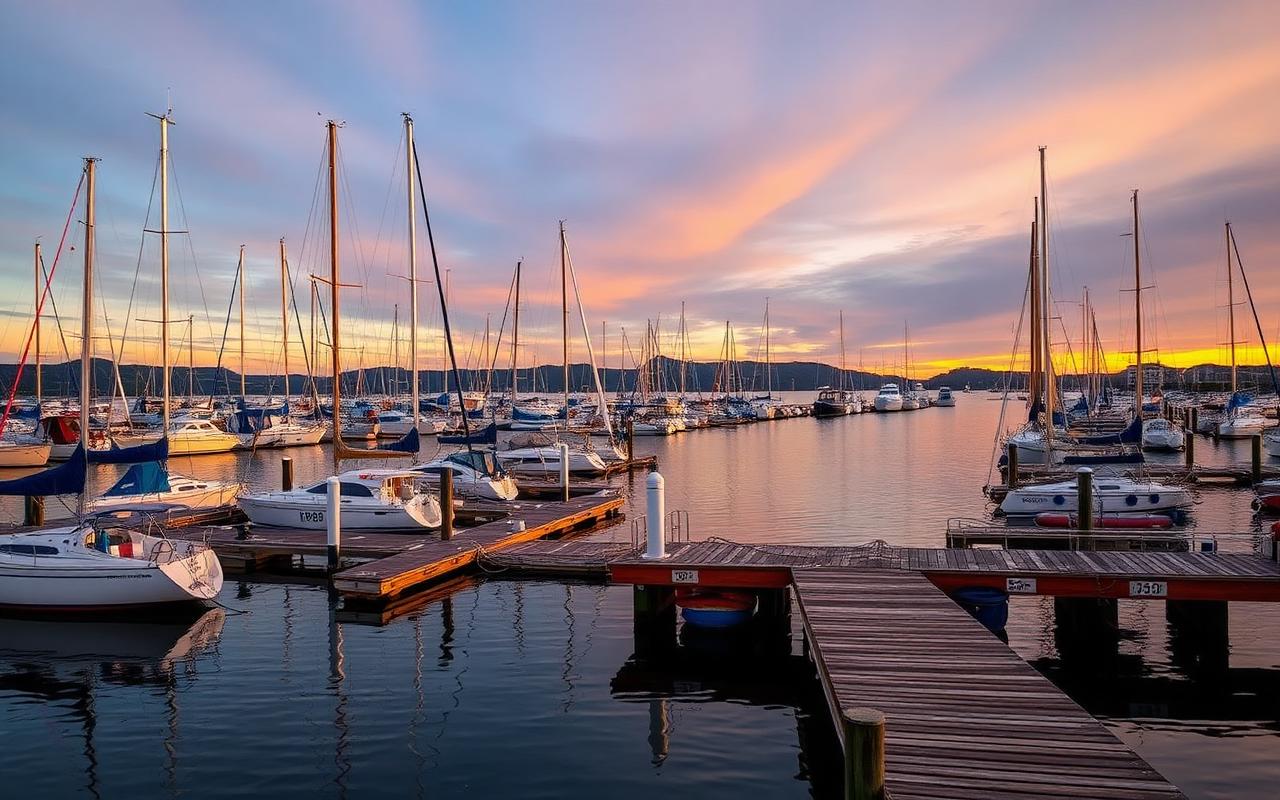 Marina docks with sailboats in numbered slips at golden hour