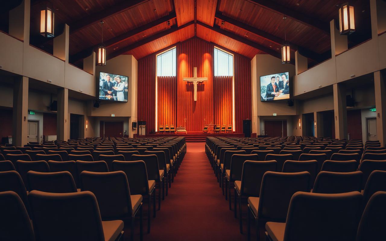 Church sanctuary with rows of seats before a service