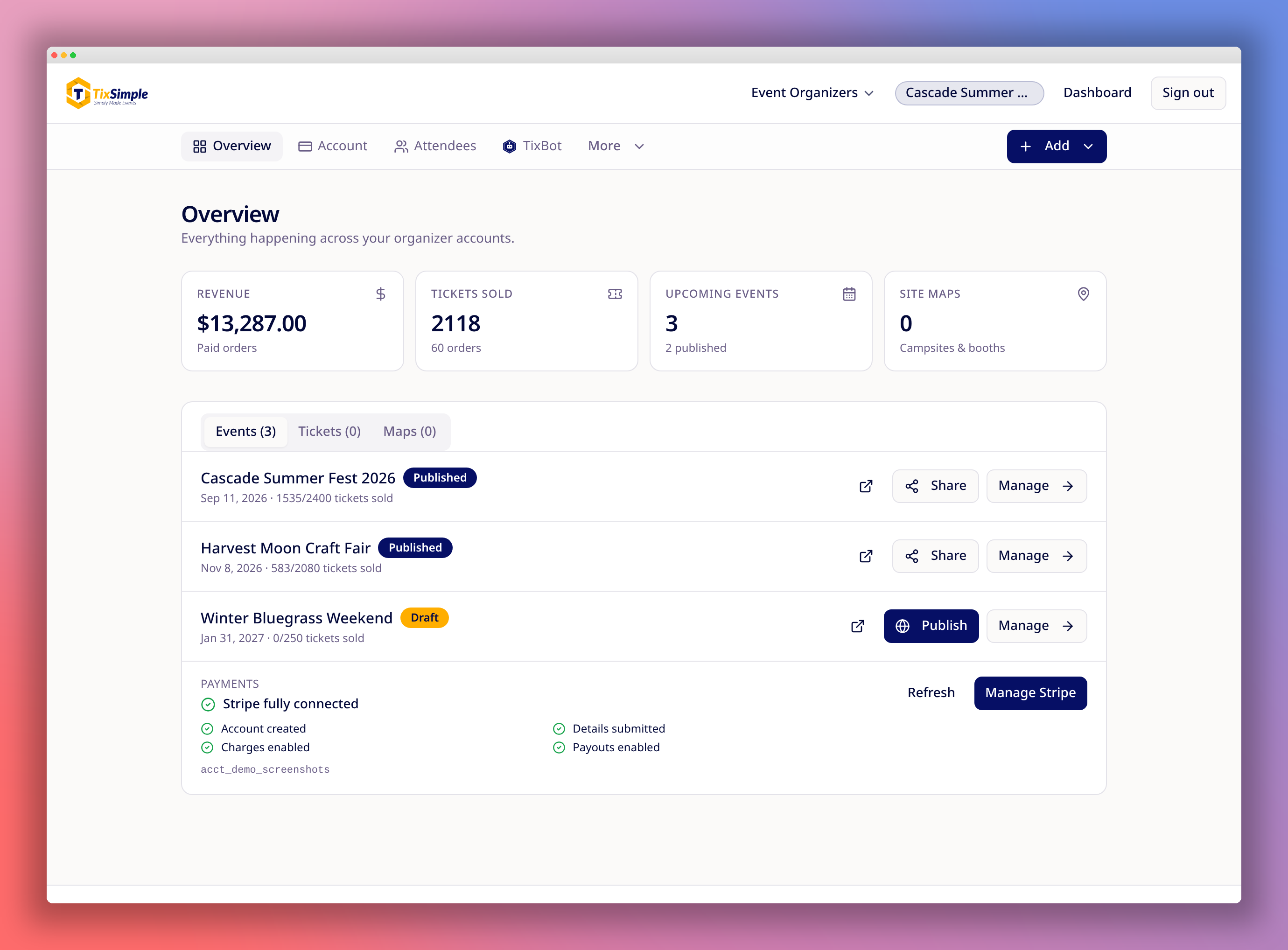 TixSimple organizer dashboard showing event sales, revenue, and ticket stats