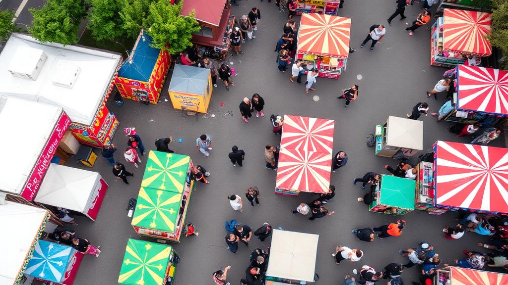 Aerial view of colorful vendor booths at a festival marketplace