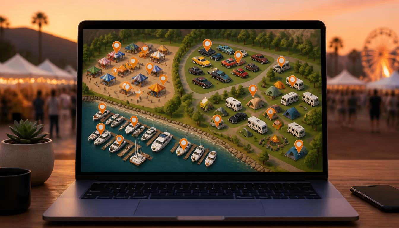 Interactive festival site map used to sell booths and camping spots