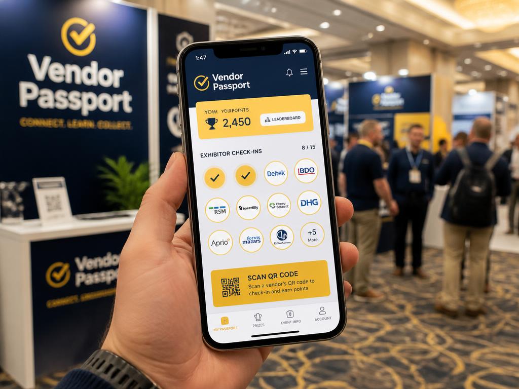 Vendor passport app on a phone at a trade show booth with QR check-ins and points
