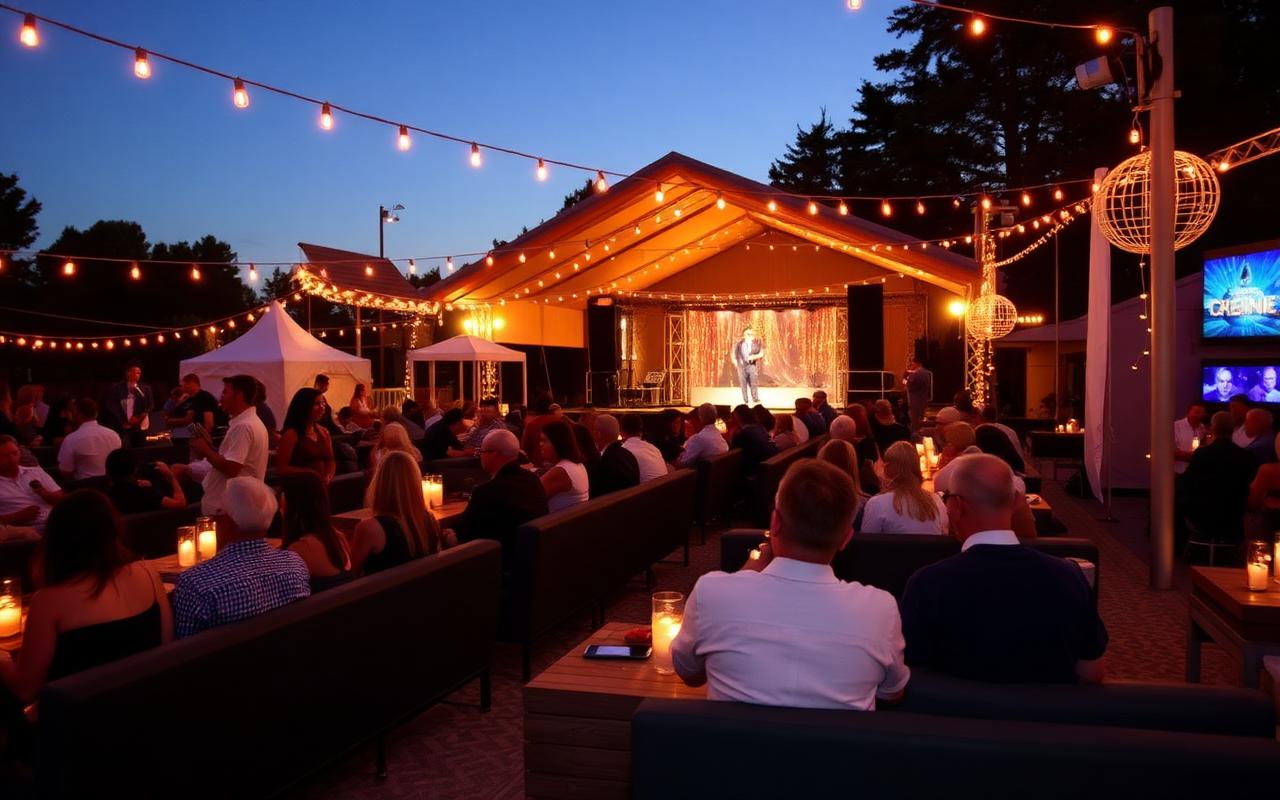 Premium VIP lounge at an outdoor event with string lights and candlelit seating
